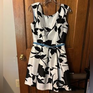 Julian Taylor Black & White Floral Midi Dress with Blue Belt